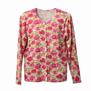 Obee’ Silk Blend Pink Green Rose Print Button-Up Cardigan Size S